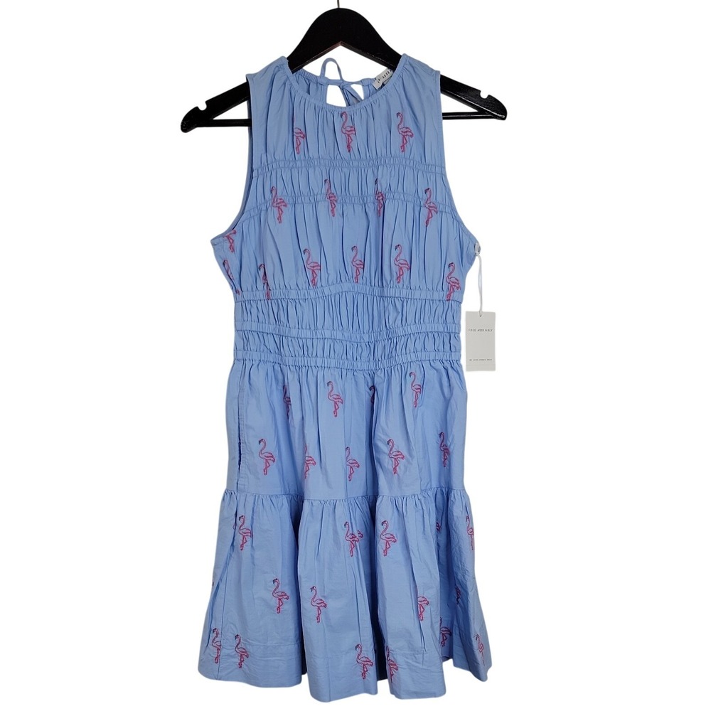 Free Assembly Womens Small Blue Flamingo Embroidered Smocked Cotton Sundress NWT